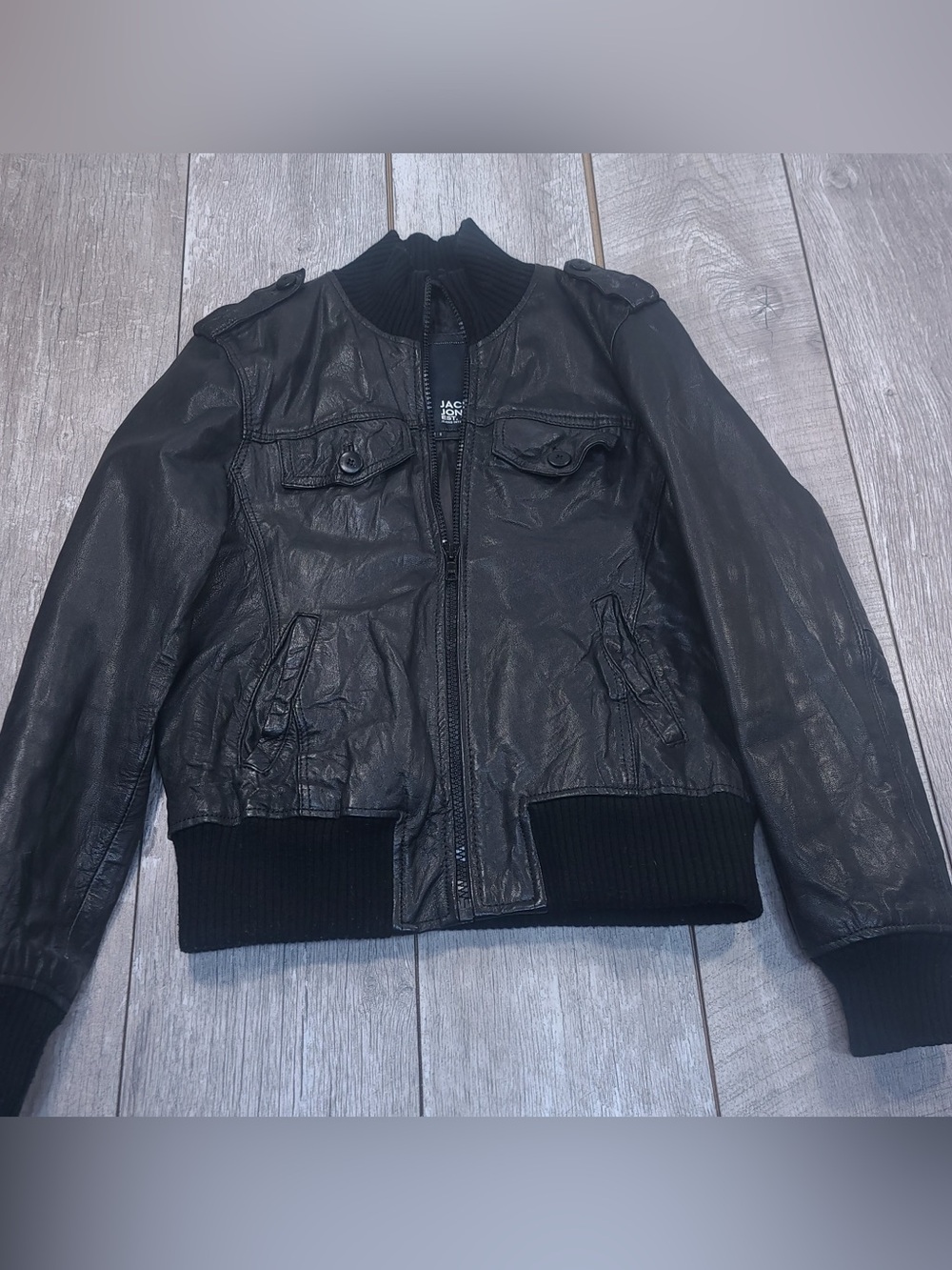 Jack & Jones Mens goats leather marine L jacket size small bomber style
